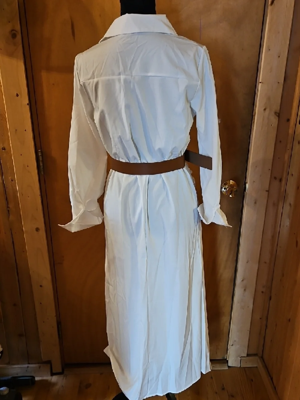 White Long Sleeve Shirt Dress with Brown Belt - Picture 2 of 2